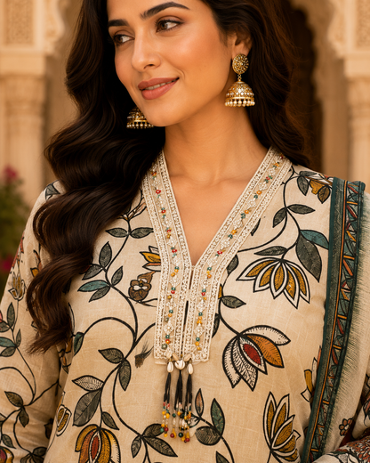 Floral Printed Cream Kurta Set with Dupatta for Women2