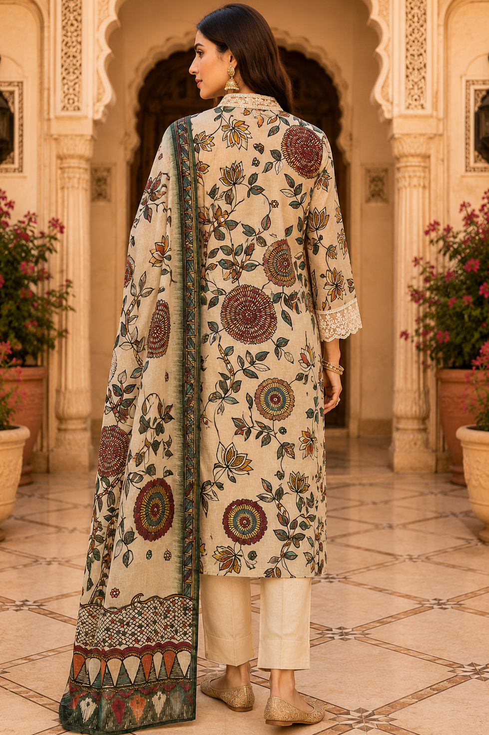 Floral Printed Cream Kurta Set with Dupatta for Women4