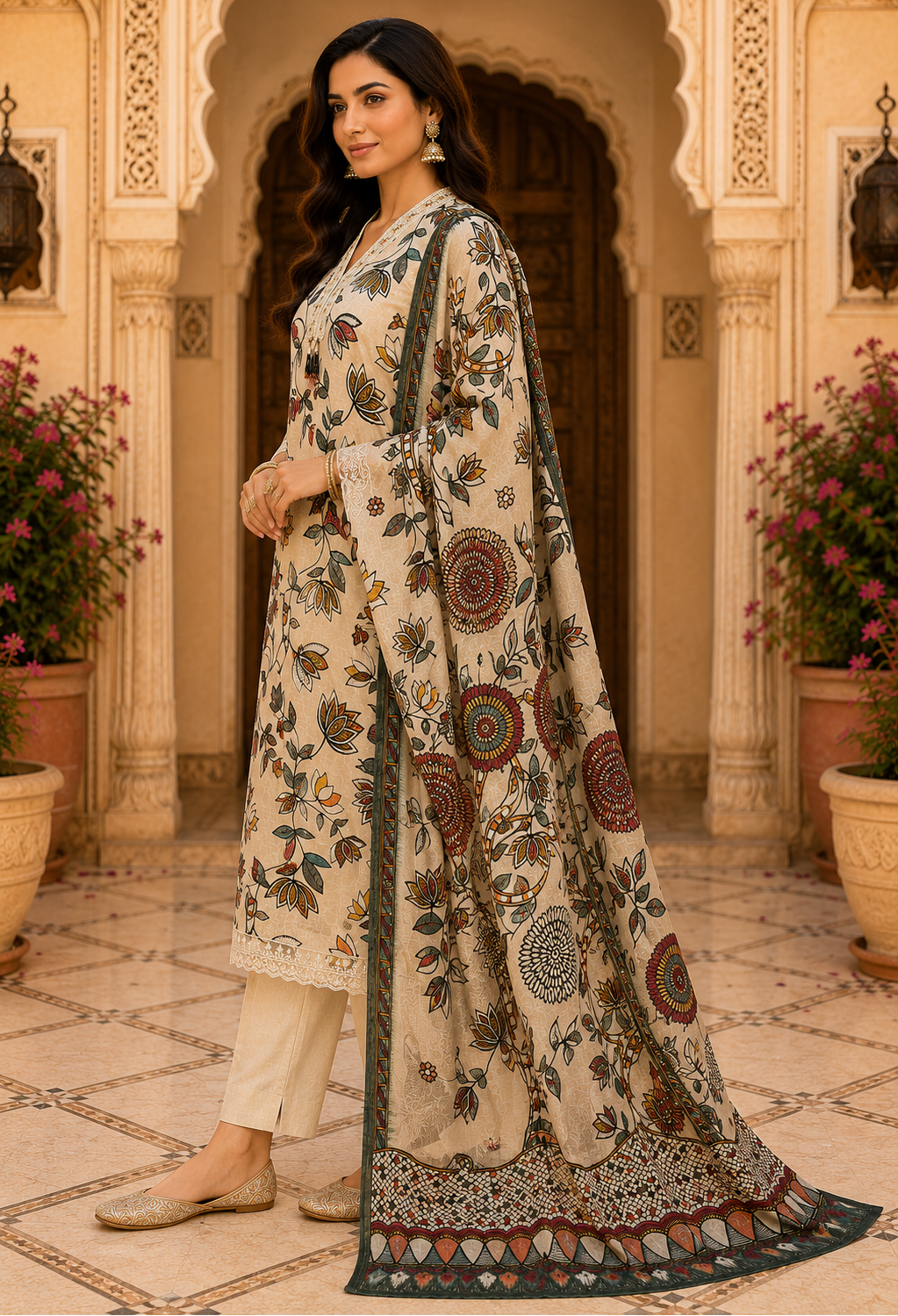Floral Printed Cream Kurta Set with Dupatta for Women6