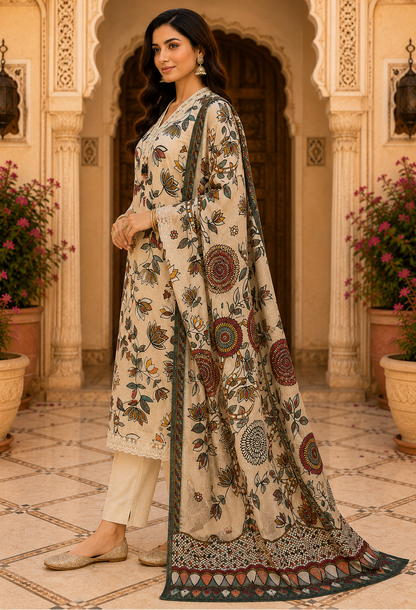 Floral Printed Cream Kurta Set with Dupatta for Women6
