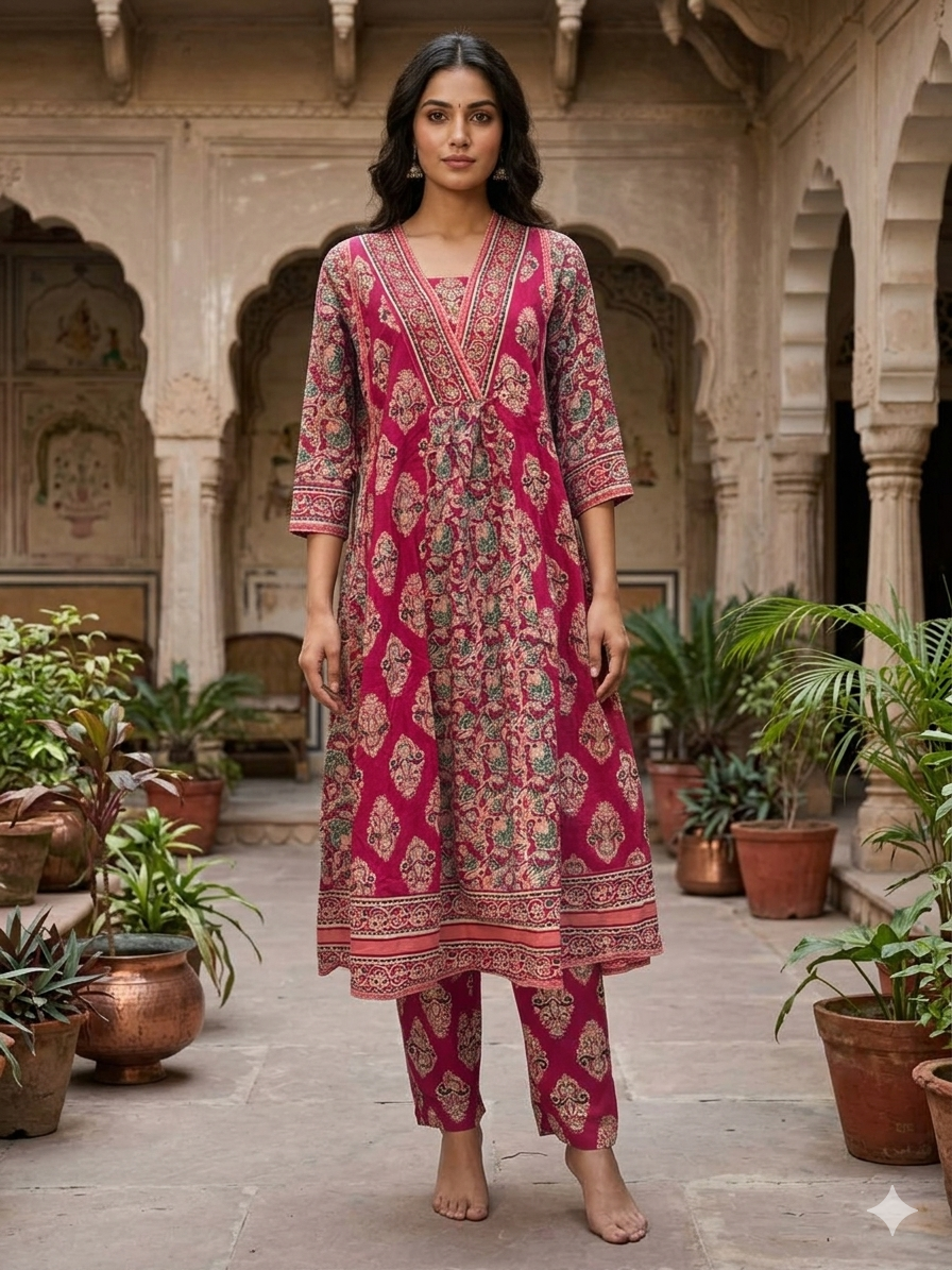 Pink Cotton Printed Aline Kurta Set