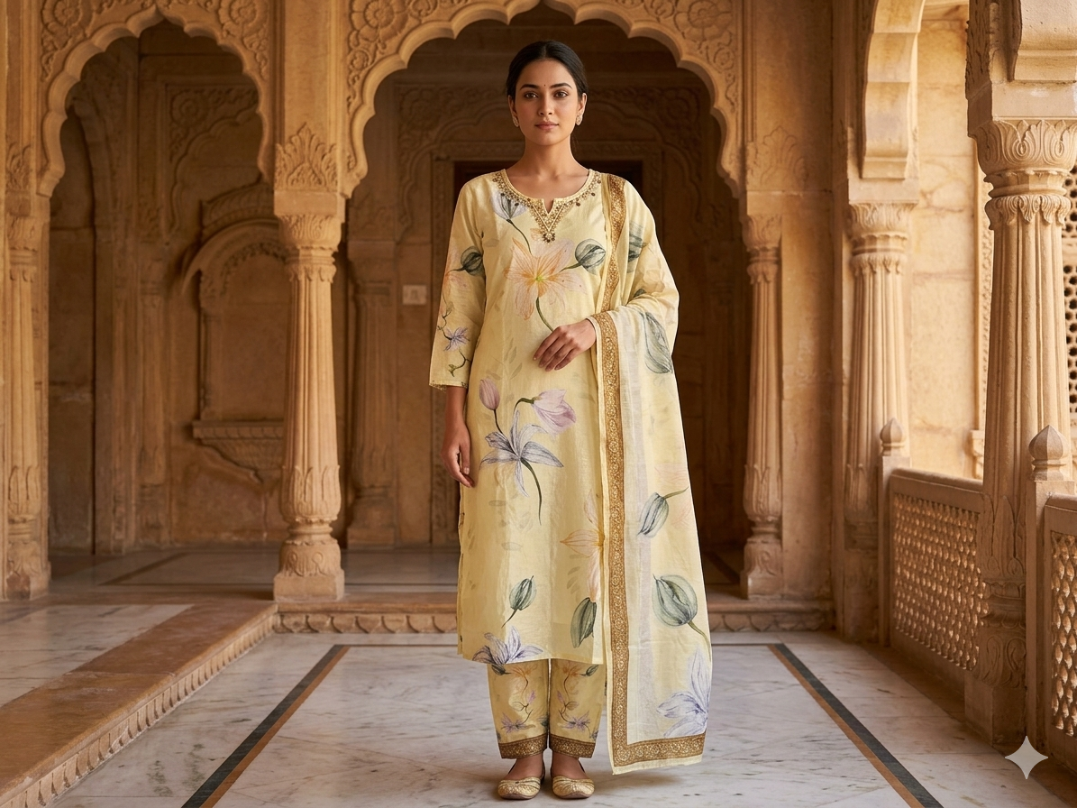 Butter Yellow Printed Cotton Kurta Set
