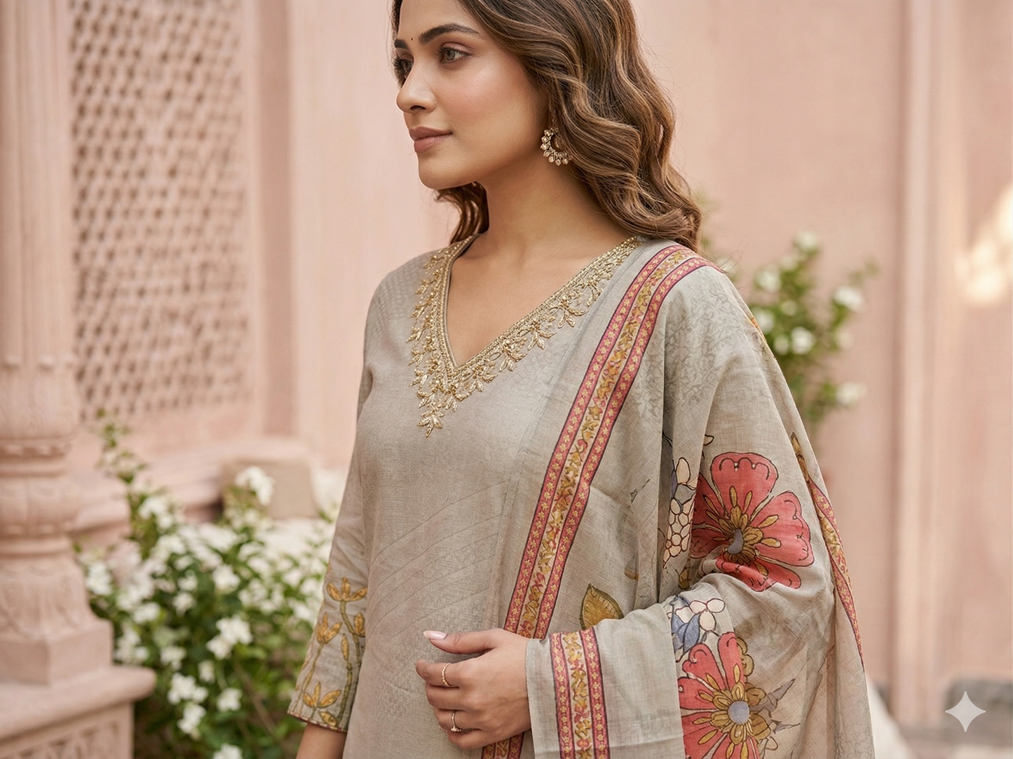 Grey  Embroidered Cotton Kurta Set