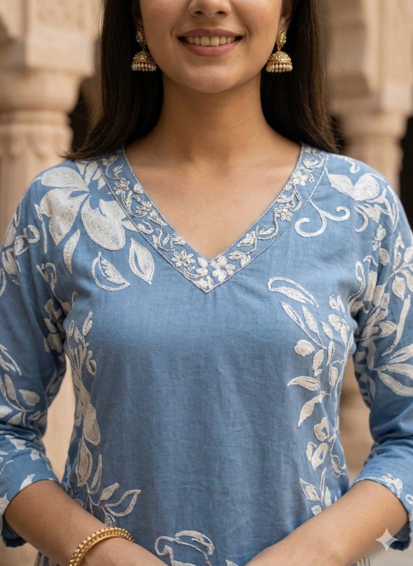 Pastel Blue Printed Cotton Kurta Set