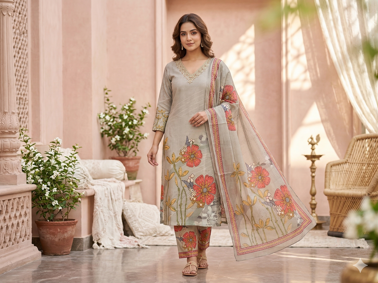 Grey  Embroidered Cotton Kurta Set