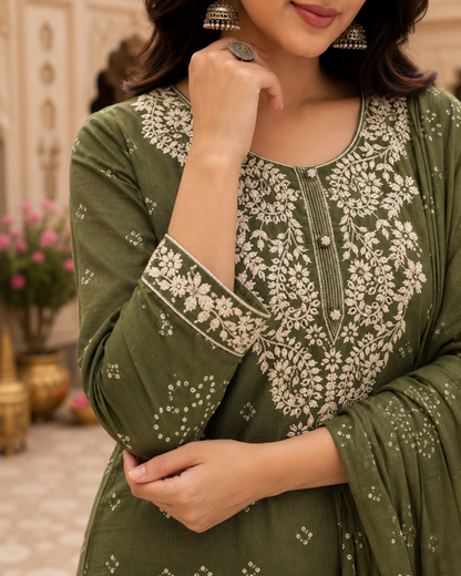 Olive Embroidered Cotton Kurta Set