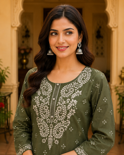 Olive Embroidered Cotton Kurta Set