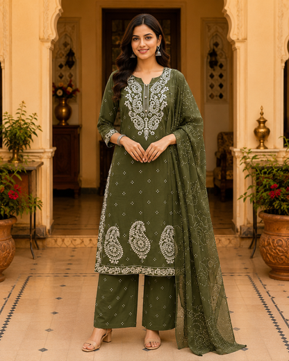 Olive Embroidered Cotton Kurta Set