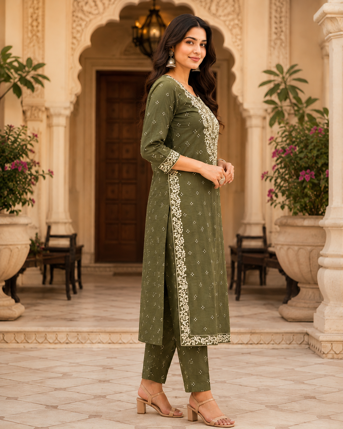 Olive Embroidered Cotton Kurta Set