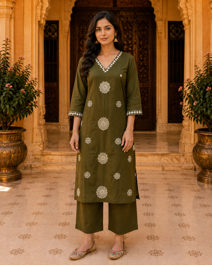Green Cotton Threadwork Kurta Set