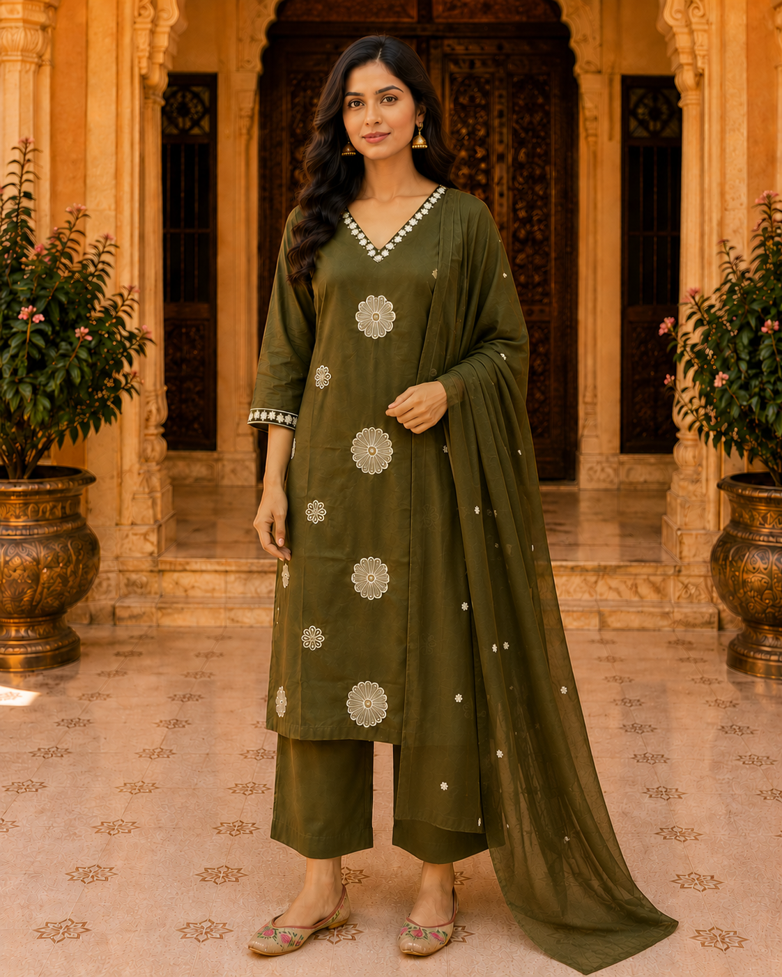 Green Cotton Threadwork Kurta Set