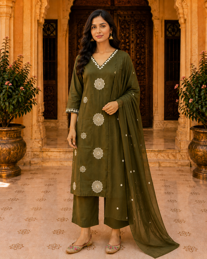 Green Cotton Threadwork Kurta Set
