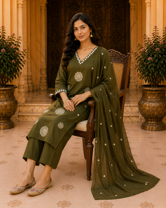 Green Cotton Threadwork Kurta Set