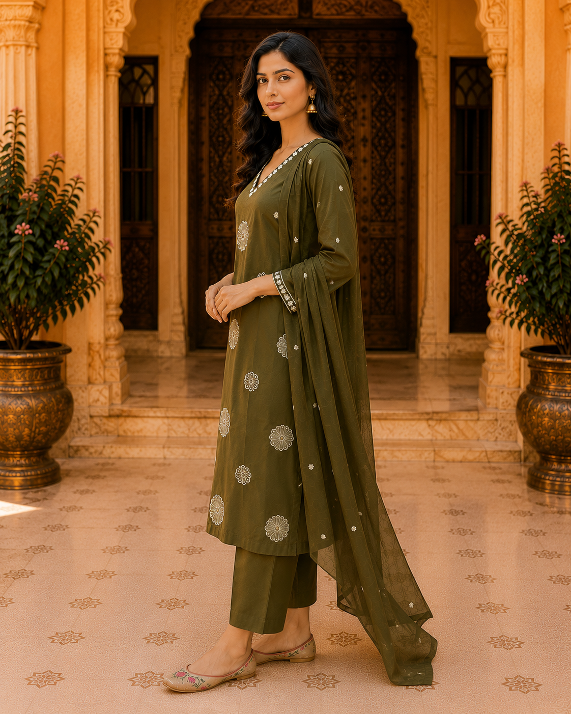 Green Cotton Threadwork Kurta Set