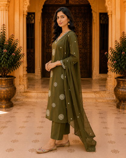 Green Cotton Threadwork Kurta Set