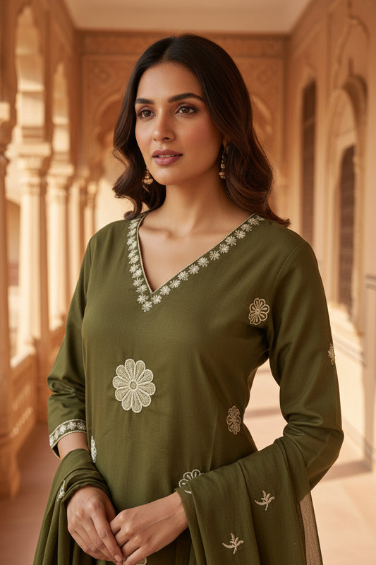 Green Cotton Embroidery Kurta Set