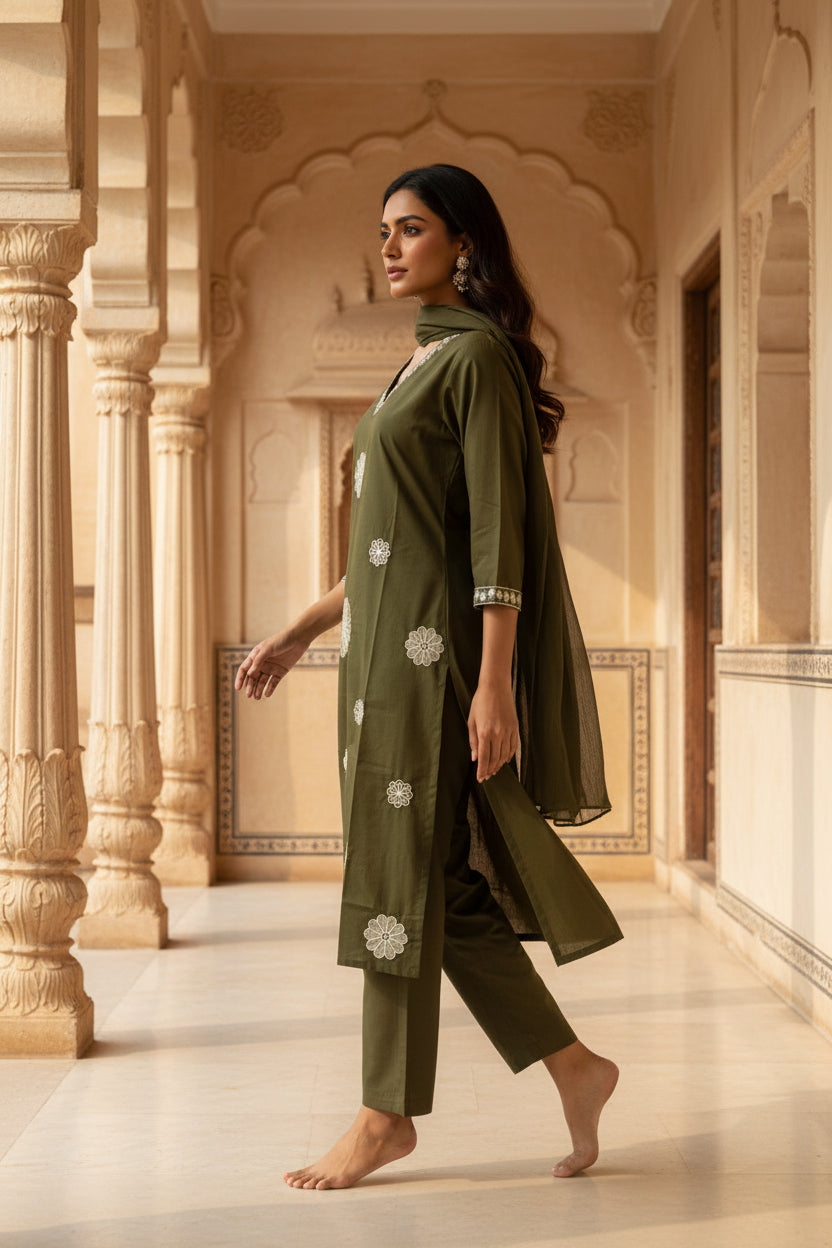 Green Cotton Embroidery Kurta Set 1