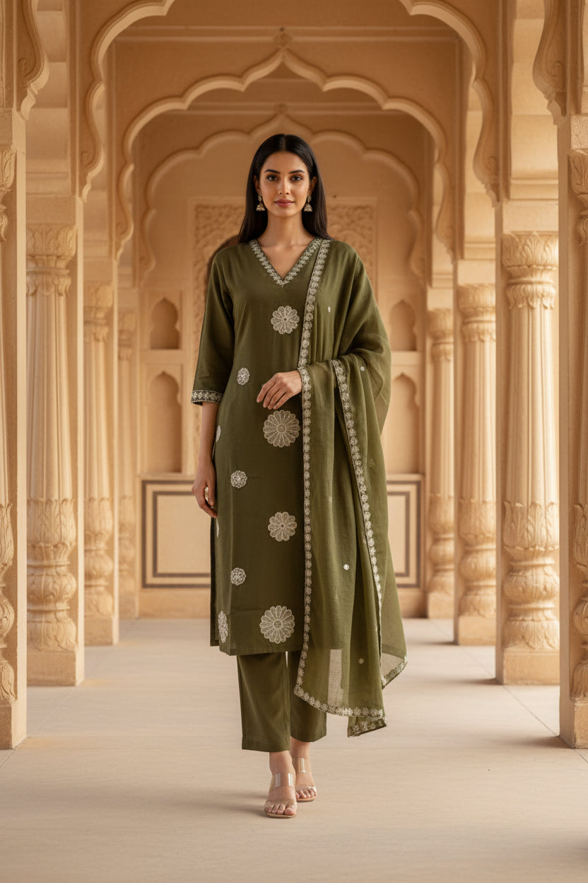 Green Cotton Embroidery Kurta Set 2