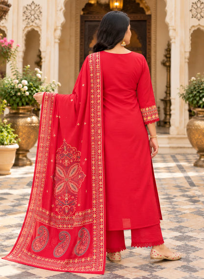 Detail of the red dupatta showing ornate border and paisley motifs