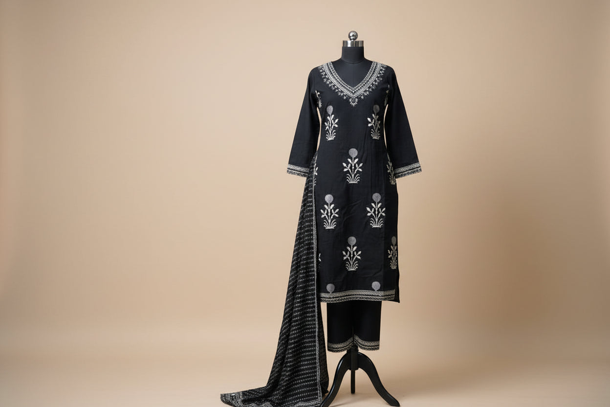 Black Embroidered Cotton Kurta Set