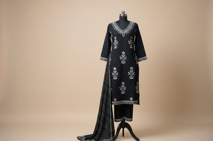 Black Embroidered Cotton Kurta Set