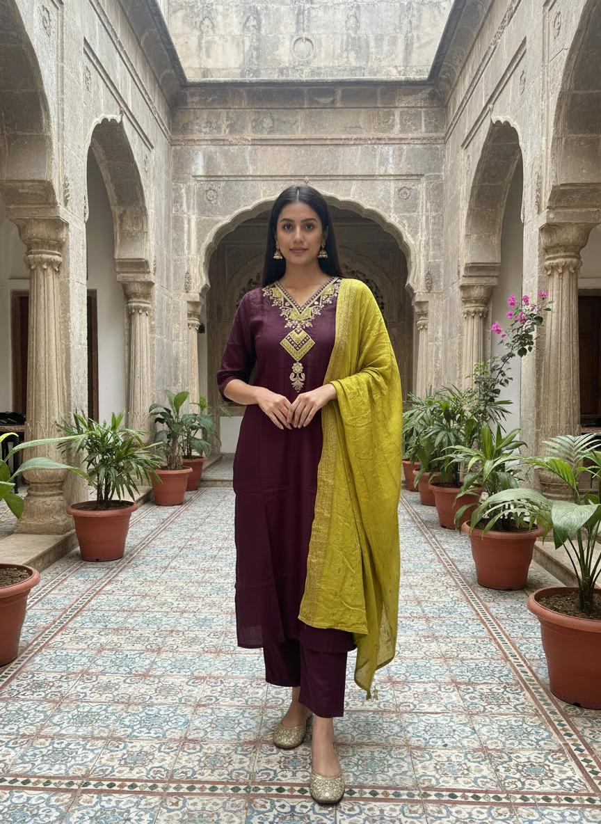 Wine Embroidered Kurta Set with Dupatta