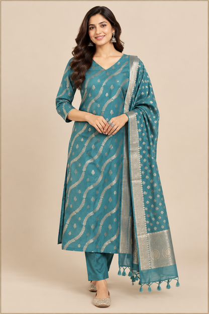 Teal Zari Heritage Kurta Set