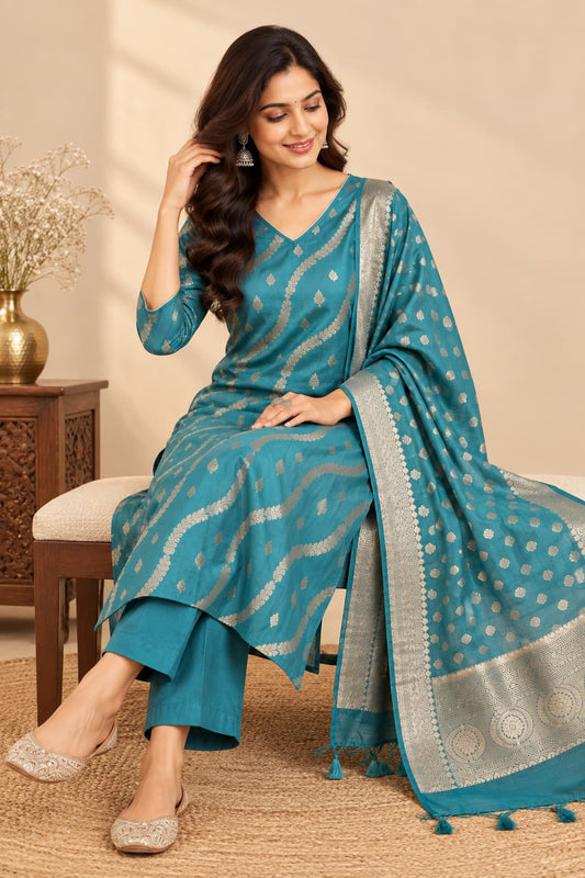 Teal zari heritage cotton Banarasi kurta set with dupatta by Odhanibymann