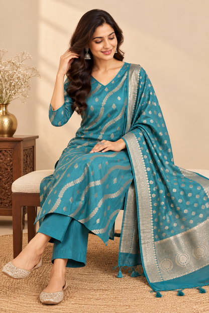 Teal Zari Heritage Kurta Set