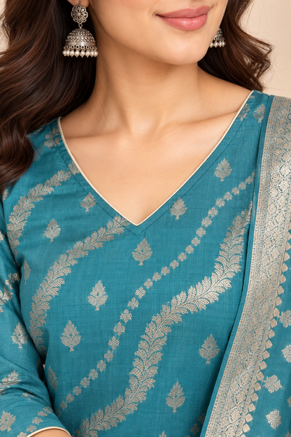 Teal Zari Heritage Kurta Set