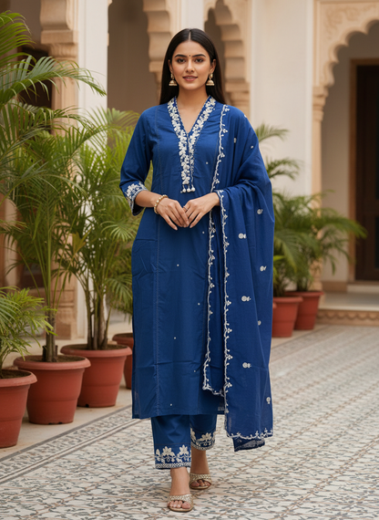 Royal Blue Embroidered Kurta Set with Dupatta | Odhanimymann