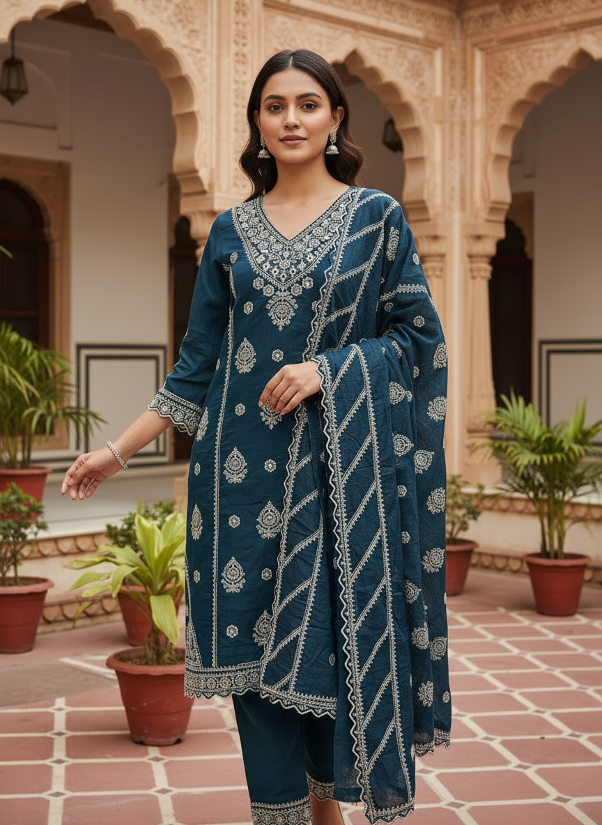 Turquoise Embroidered Cotton Kurta Set