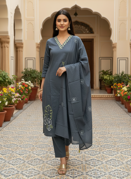 Grey Floral Embroidered Kurta Set with Dupatta | Odhanibymann