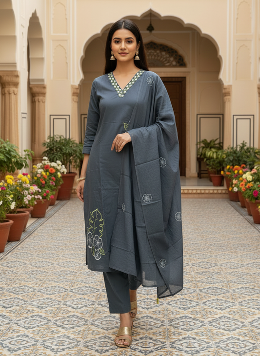 Grey Floral Embroidered Kurta Set with Dupatta | Odhanibymann