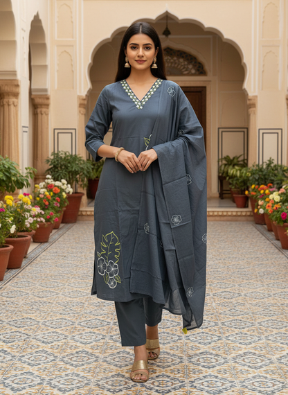 Grey Floral Embroidered Kurta Set with Dupatta | Odhanibymann