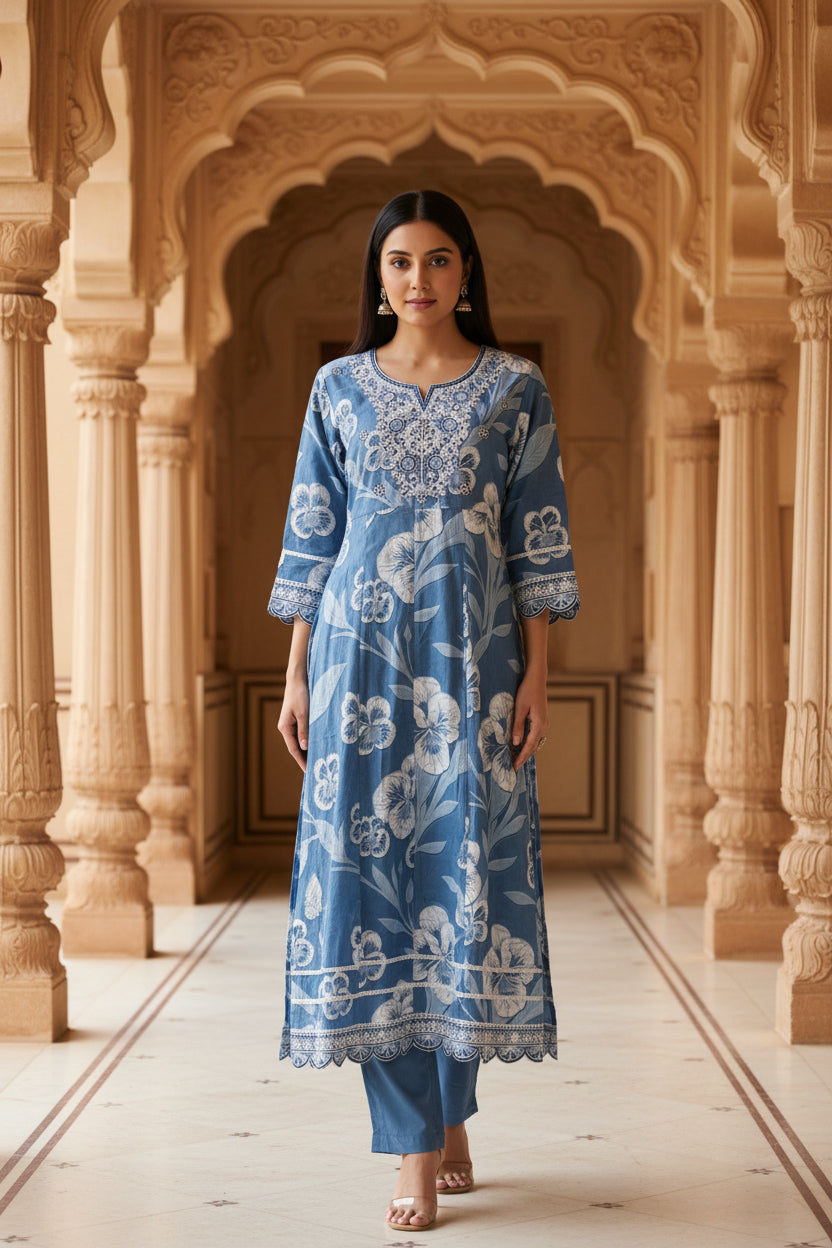 Indigo Blue Printed Cotton A-line Kurta Set