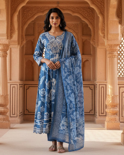 Indigo Blue Printed Cotton A-line Kurta Set