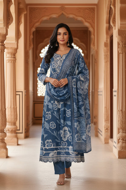 Indigo Blue Printed Cotton A-line Kurta Set
