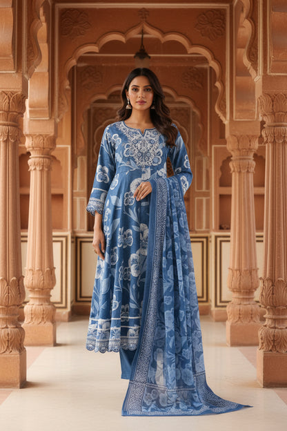 Indigo Blue Printed Cotton A-line Kurta Set