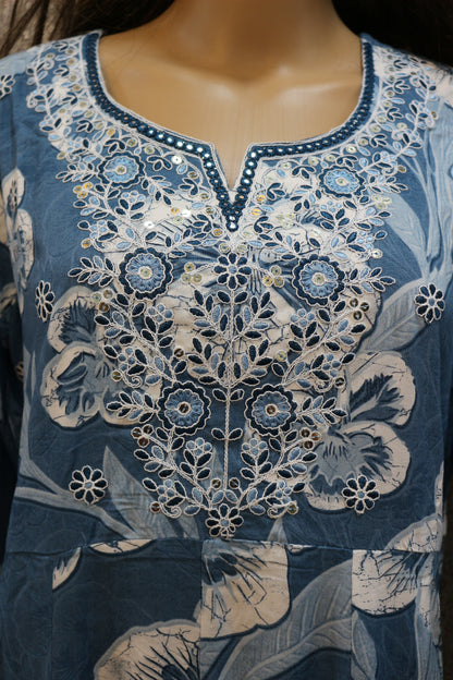Indigo Blue Printed Cotton A-line Kurta Set