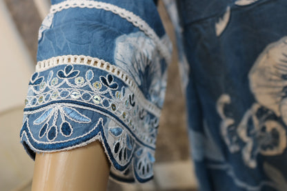 Indigo Blue Printed Cotton A-line Kurta Set