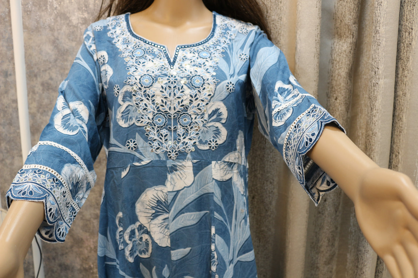 Indigo Blue Printed Cotton A-line Kurta Set