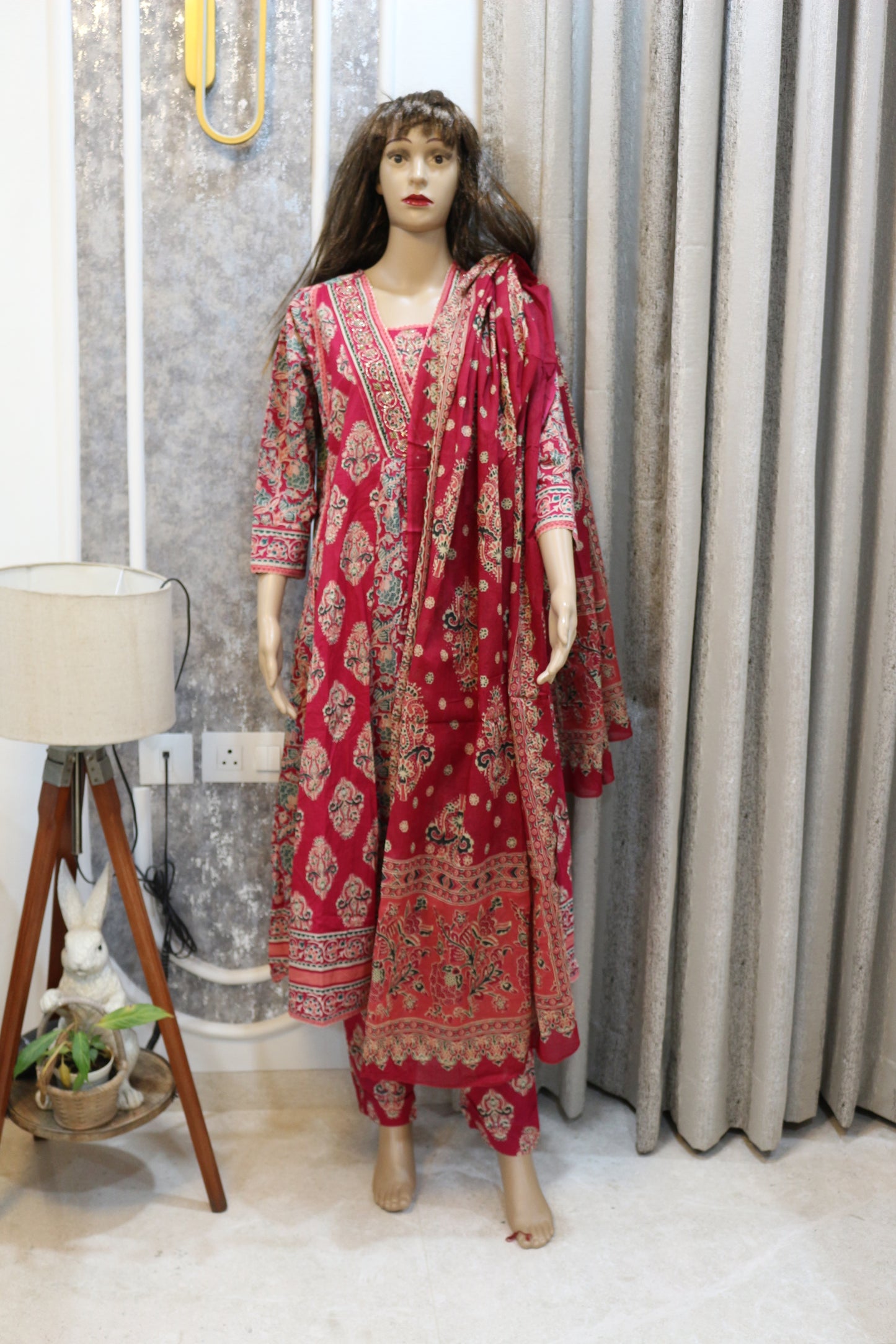 Pink Cotton Printed Aline Kurta Set