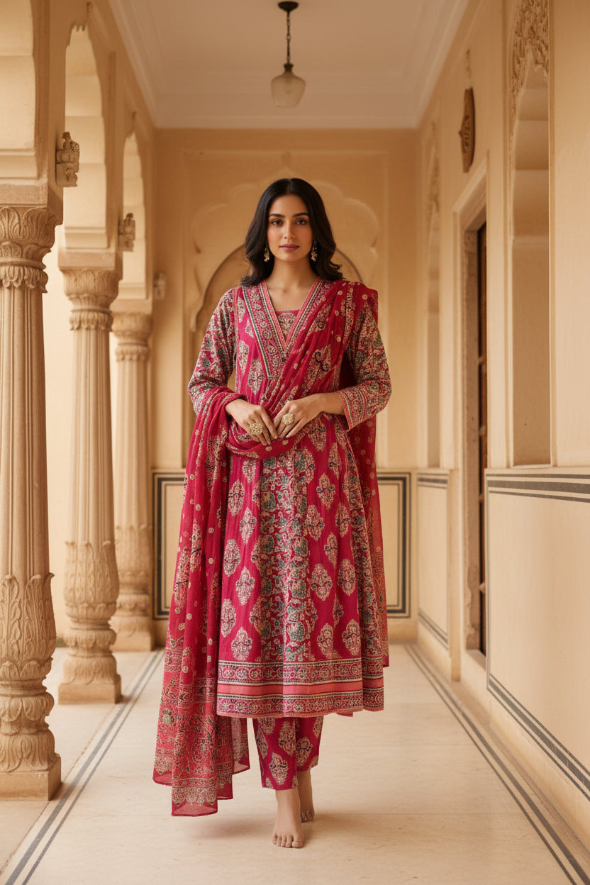 Pink Cotton Printed Aline Kurta Set