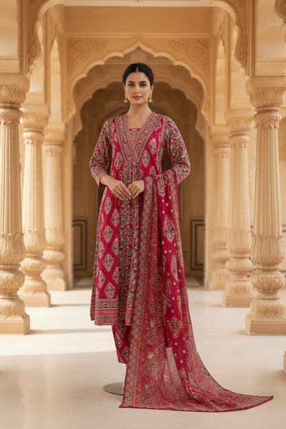 Pink Cotton Printed Aline Kurta Set