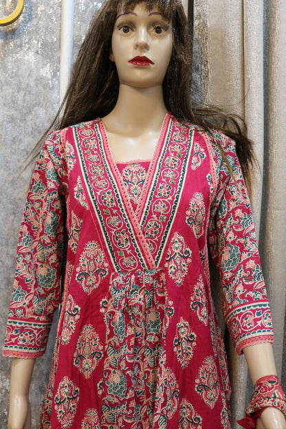 Pink Cotton Printed Aline Kurta Set