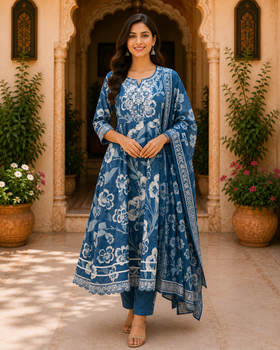 Indigo Blue Printed Cotton A-line Kurta Set