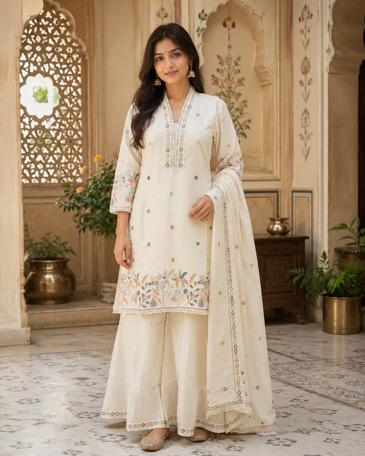 Ivory Cotton Embroidered Kurta Set1