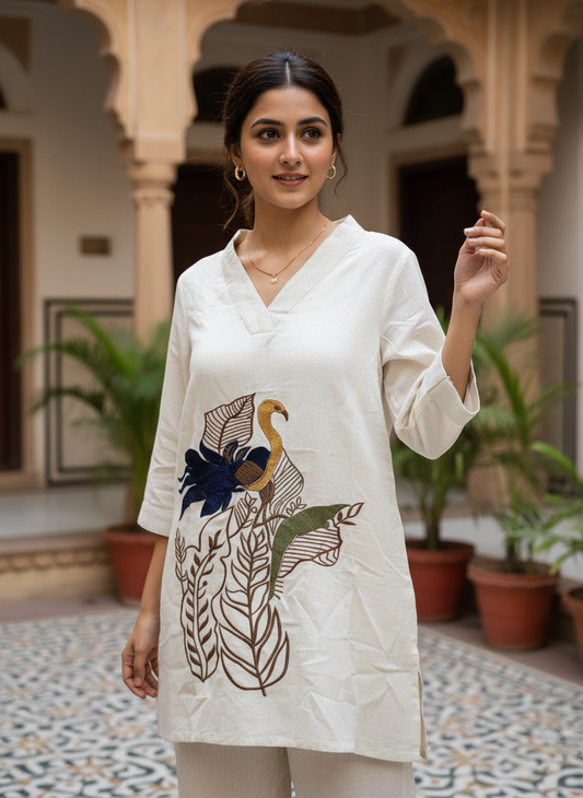 Ivory Embroidered Cotton Kurti