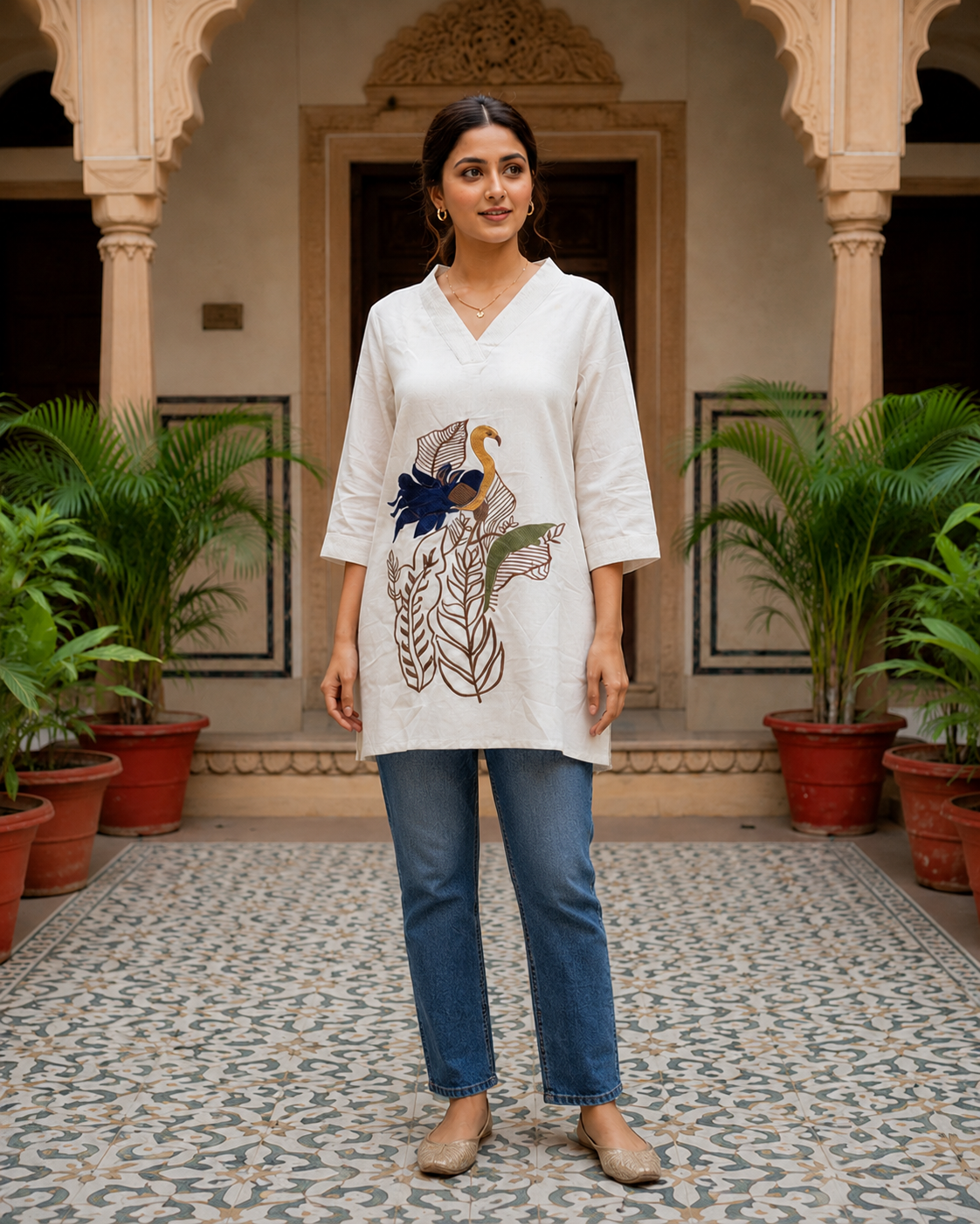 Ivory Embroidered Cotton Kurti